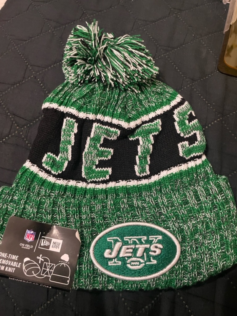 New Era New York Jets Green Black White Pom Knit Beanie